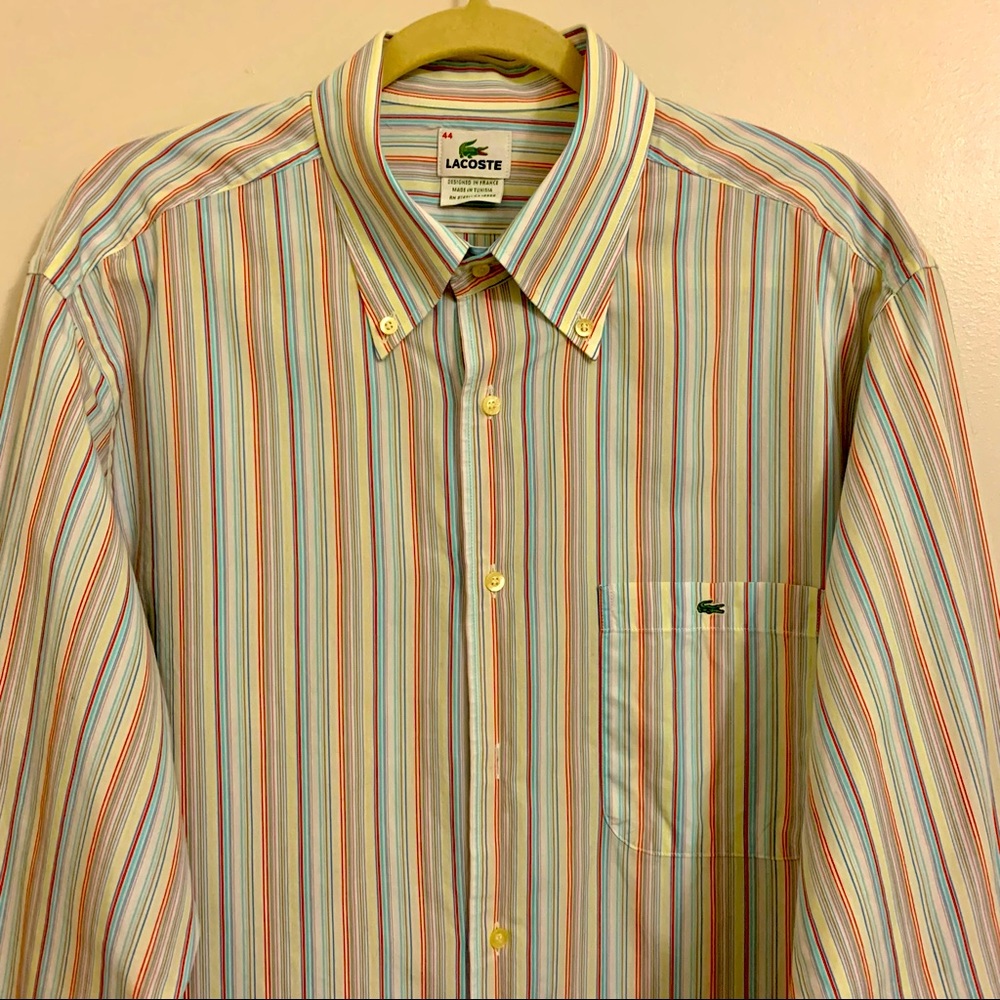 LACOSTE Men's Size 44 (US Size XL) Button-Down Striped Shirt Small Logo NICE